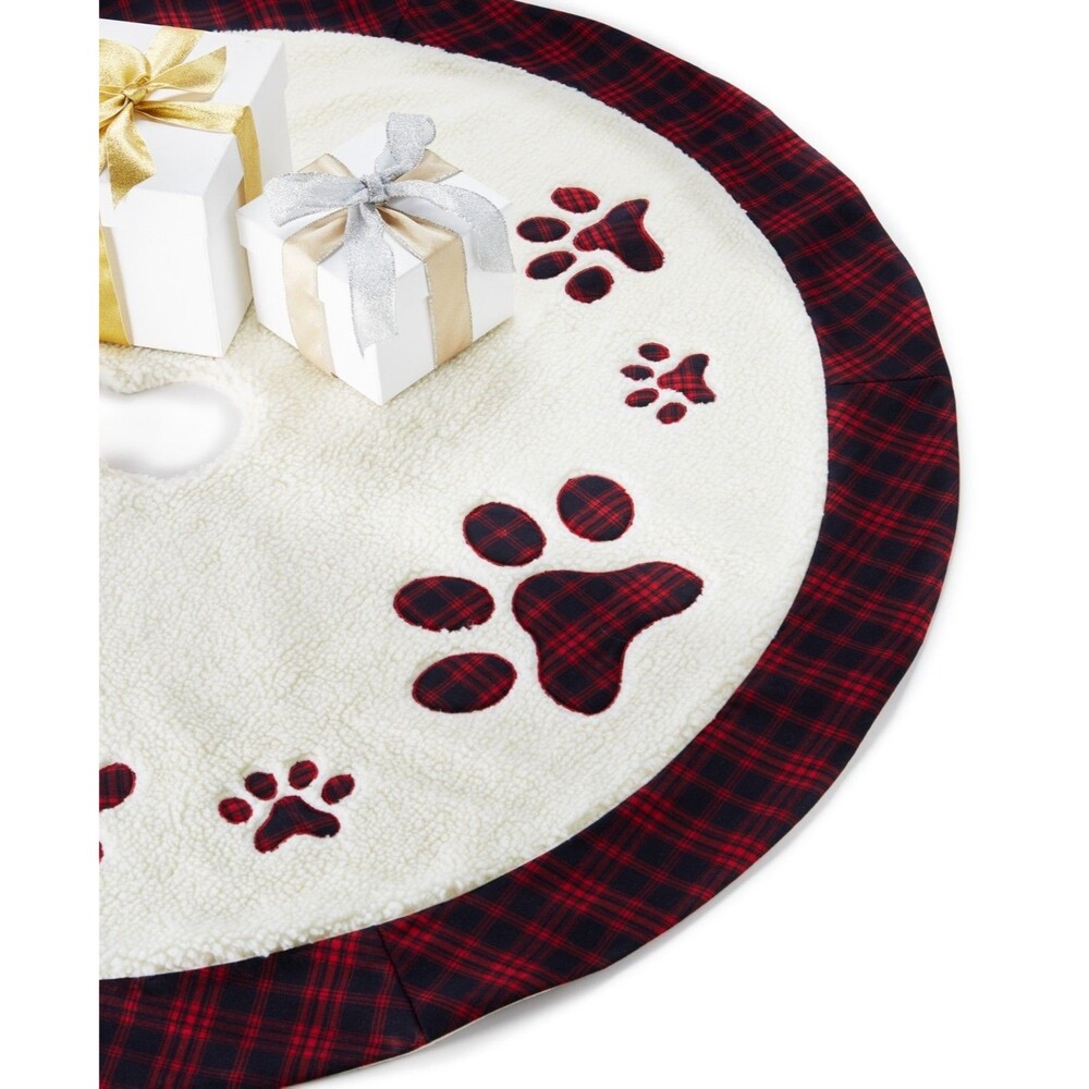 Holiday Lane Paw Print Sherpa Plaid 48" Christmas Tree Skirt  Cat Dog